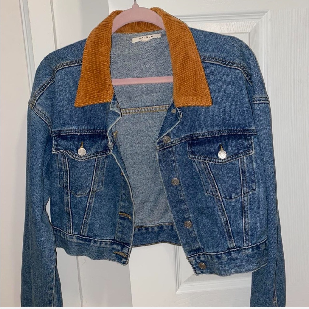 PACSUN tan corduroy collar oversized denim jacket - Picture 2 of 4